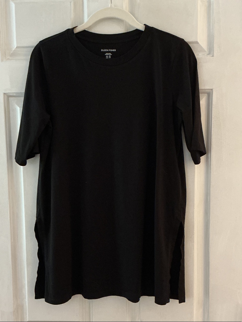 Eileen Fisher Black Crew Neck Short Sleeve Pima Cotton Jersey Tunic Top EUC XS